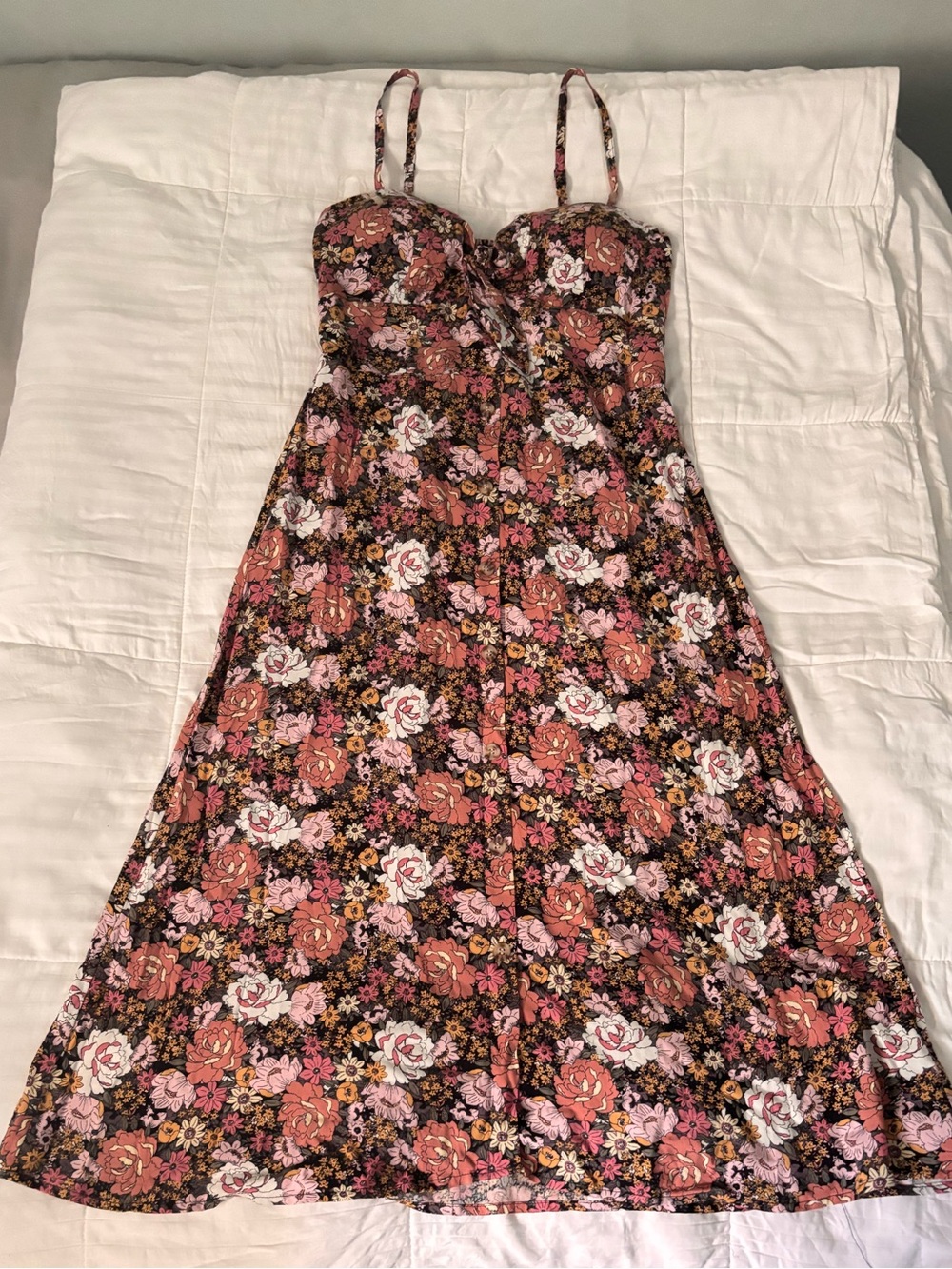Floral Midi Dress with Adjustable Spaghetti Straps in Pink & Black